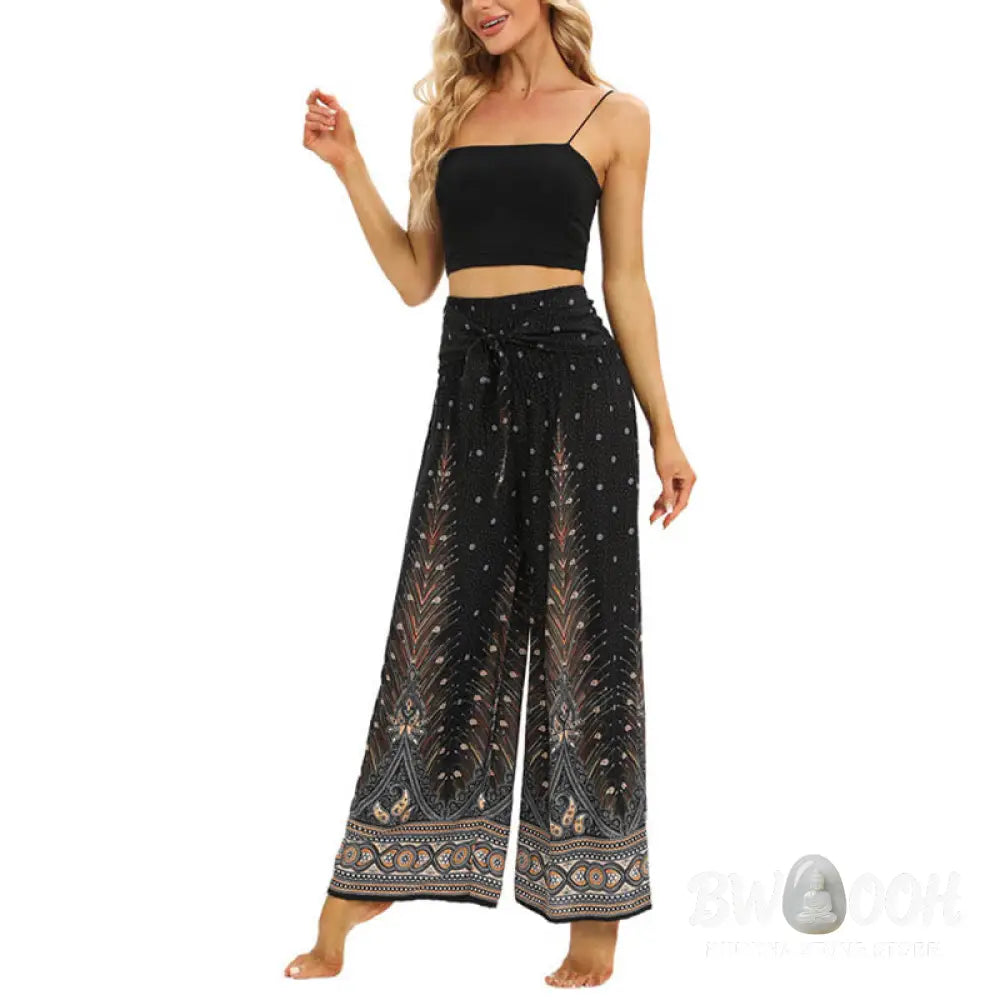 BWOOOH peacock print wide-leg yoga pants - Boho Peacock Feathers Lace-up Wide Leg P