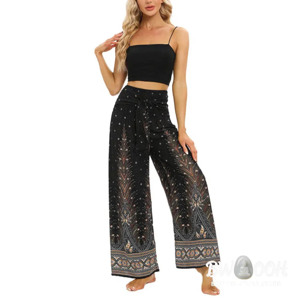BWOOOH peacock print wide-leg yoga pants - Boho Peacock Feathers Lace-up Wide Leg P