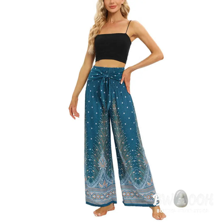 BWOOOH peacock print wide-leg yoga pants - Boho Peacock Feathers Lace-up Wide Leg P