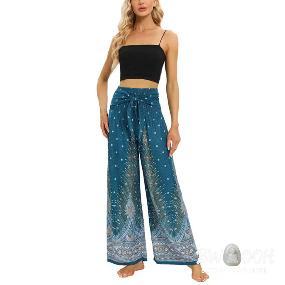 BWOOOH peacock print wide-leg yoga pants - Boho Peacock Feathers Lace-up Wide Leg P