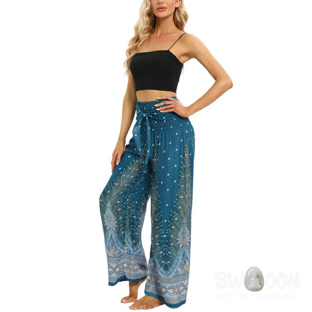 BWOOOH peacock print wide-leg yoga pants - Boho Peacock Feathers Lace-up Wide Leg P