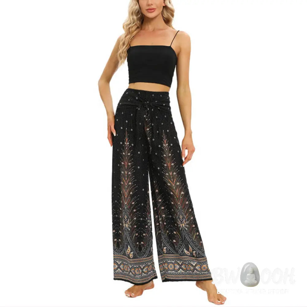 BWOOOH peacock print wide-leg yoga pants - Boho Peacock Feathers Lace-up Wide Leg P