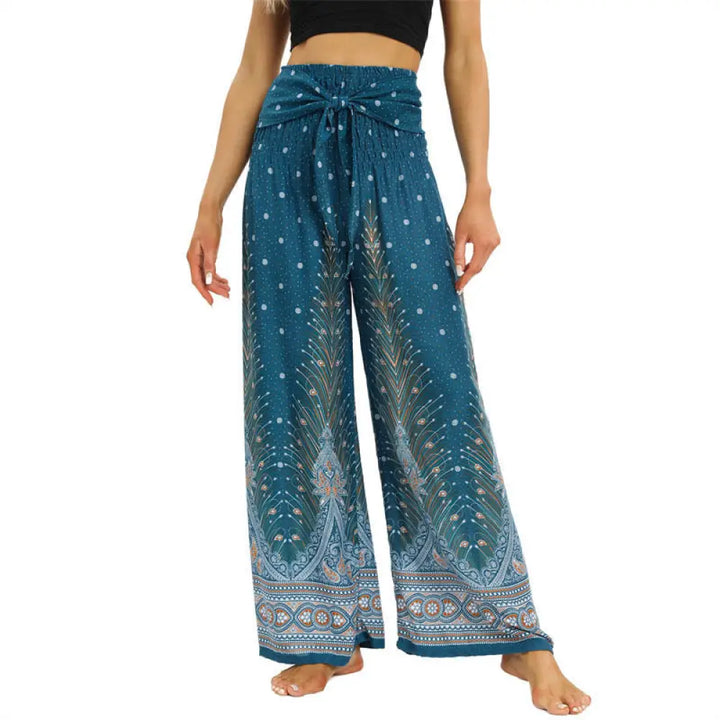 BWOOOH peacock print wide-leg yoga pants - Boho Peacock Feathers Lace-up Wide Leg P