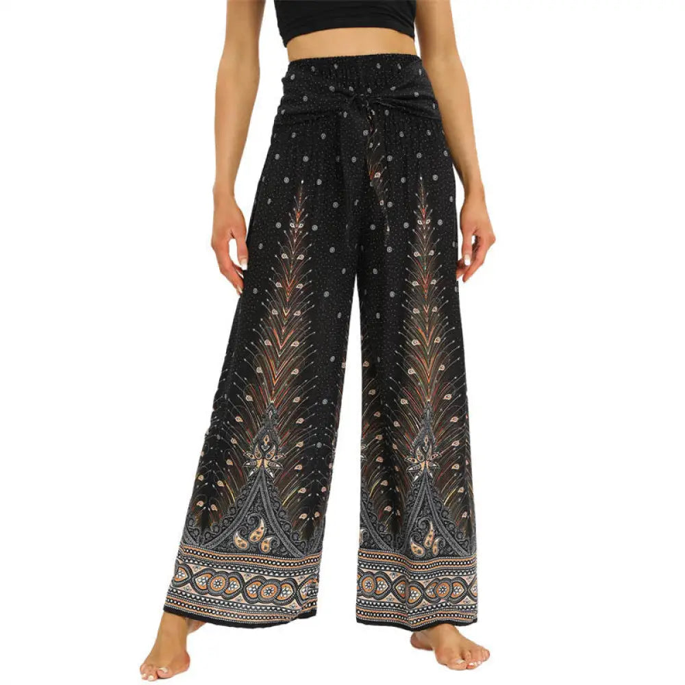 BWOOOH peacock print wide-leg yoga pants - Boho Peacock Feathers Lace-up Wide Leg P