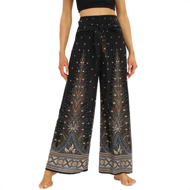 BWOOOH peacock print wide-leg yoga pants - Boho Peacock Feathers Lace-up Wide Leg P