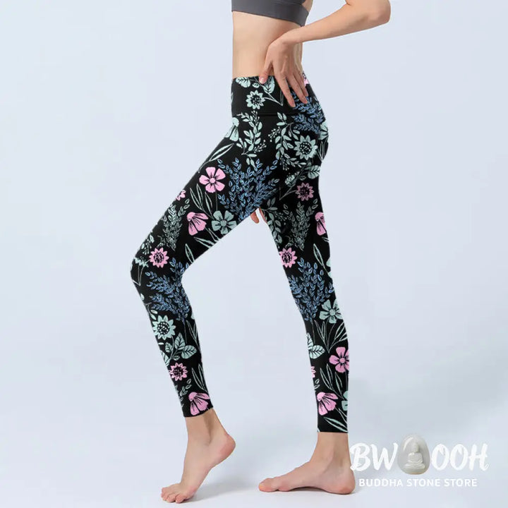 Buddha Stones Bold Color Contrast Flower Leaf Pattern Print Gym Leggings Women&