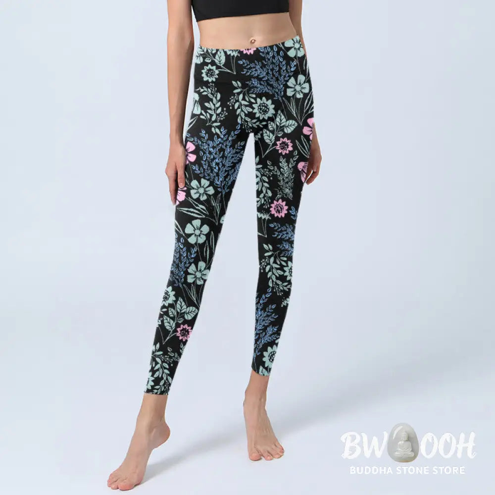 Buddha Stones Bold Color Contrast Flower Leaf Pattern Print Gym Leggings Women&