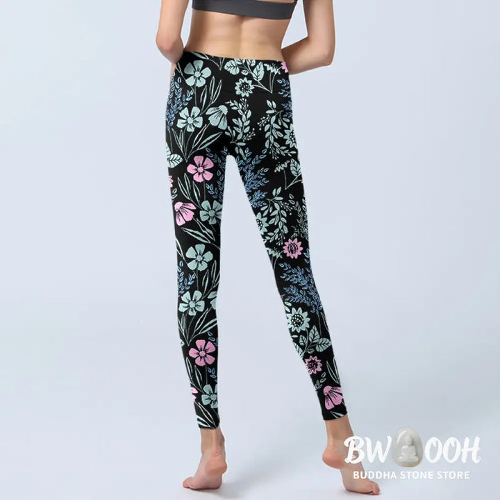 Buddha Stones Bold Color Contrast Flower Leaf Pattern Print Gym Leggings Women&