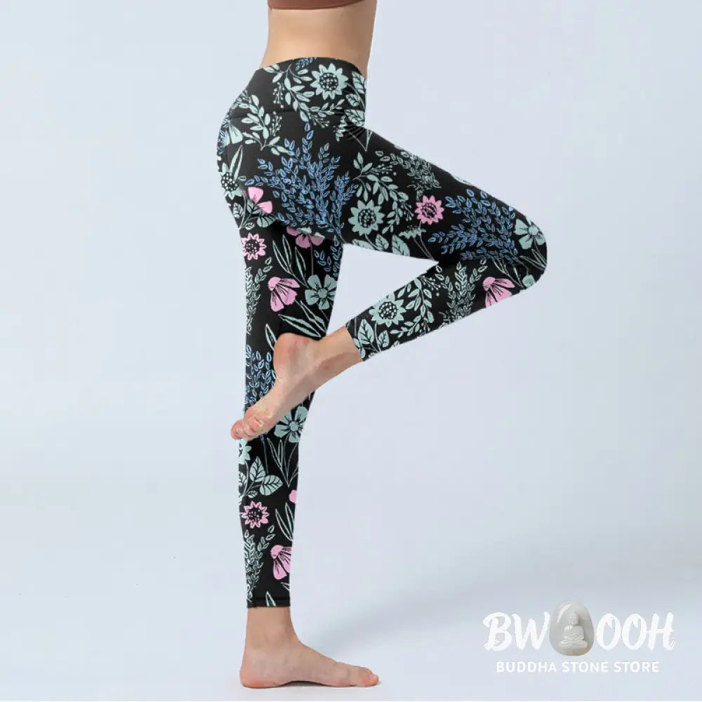Buddha Stones Bold Color Contrast Flower Leaf Pattern Print Gym Leggings Women&