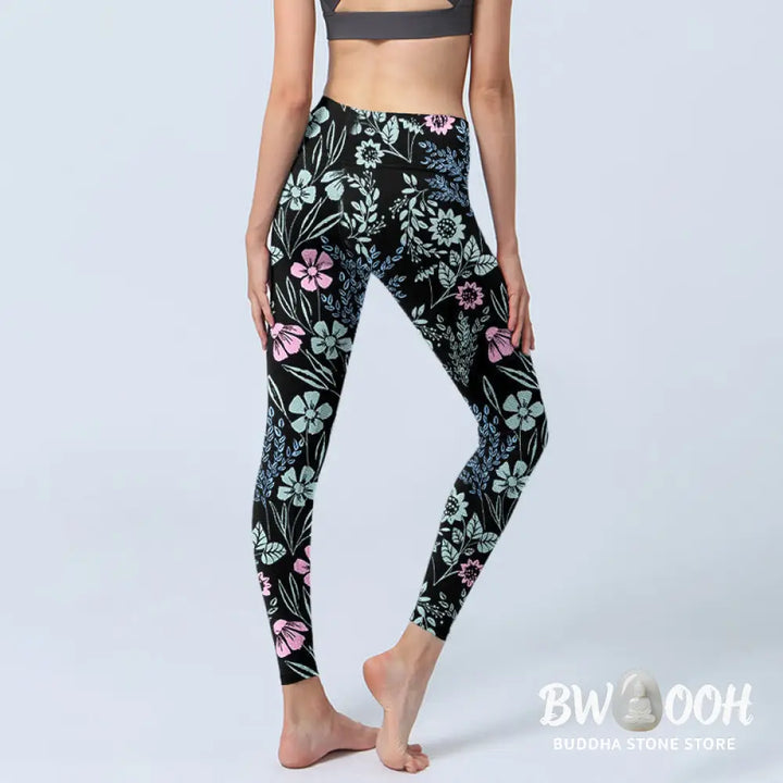 Buddha Stones Bold Color Contrast Flower Leaf Pattern Print Gym Leggings Women&