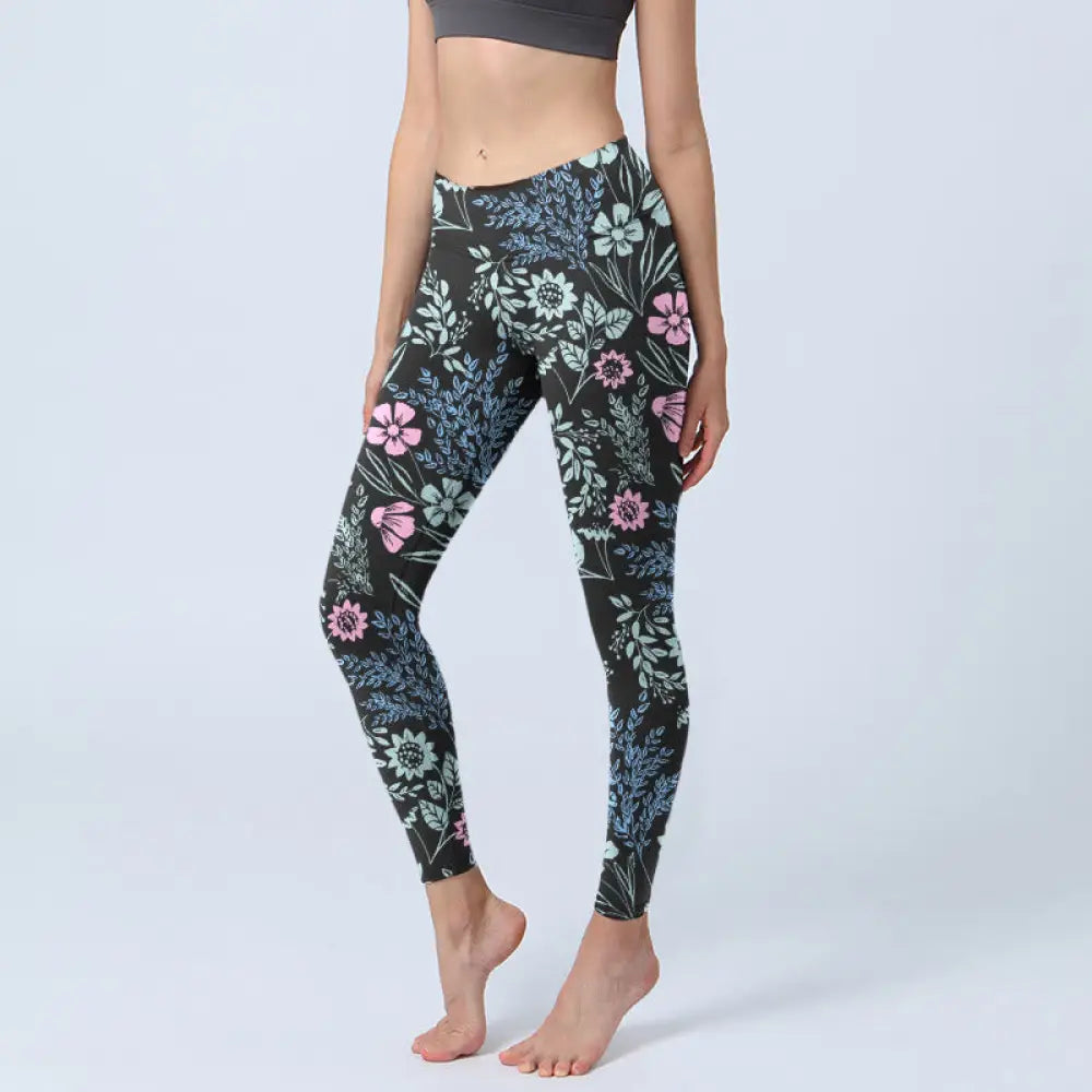 BWOOOH printed yoga leggings - Bold Color Contrast Flower Leaf Pattern 