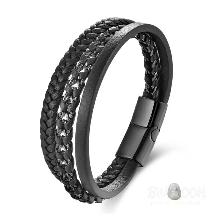Buddha Stones Braided Design Titanium Steel Calm Multi-layer Leather Buckle Bracelet - BWOOOH - Bracelet
