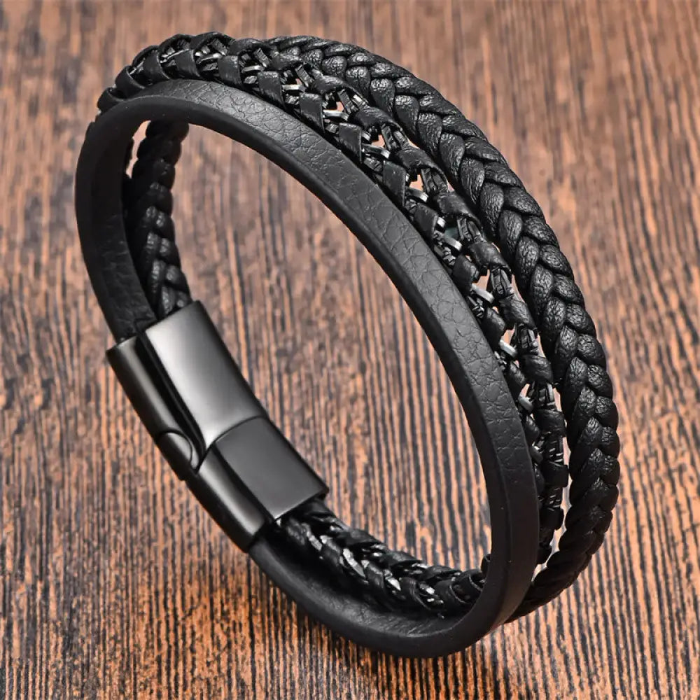 Buddha Stones Braided Design Titanium Steel Calm Multi-layer Leather Buckle Bracelet - BWOOOH - Multi-layer Black(Wrist