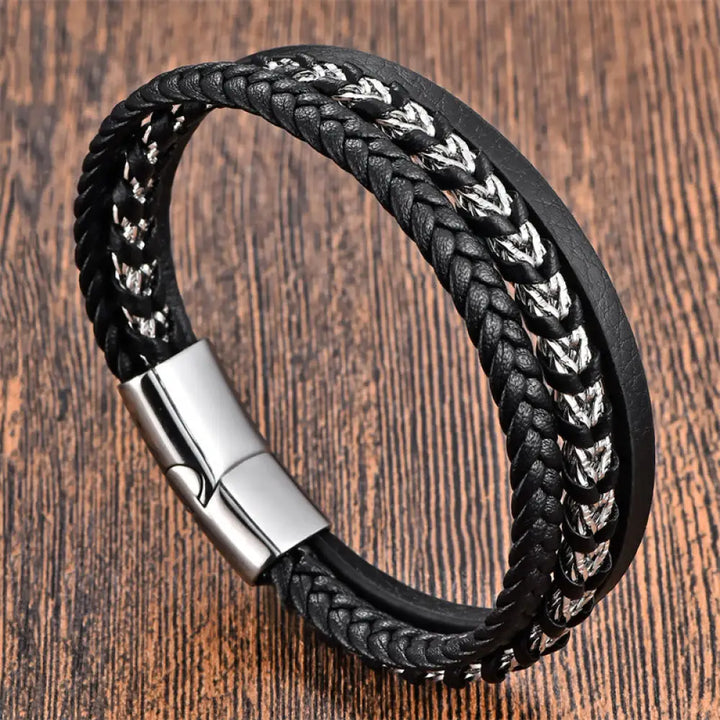 BWOOOH Braided Design Titanium Steel Calm Multi-layer Leather Buckle Bracelet — natural stone Tibetan bracelet for spiritu...