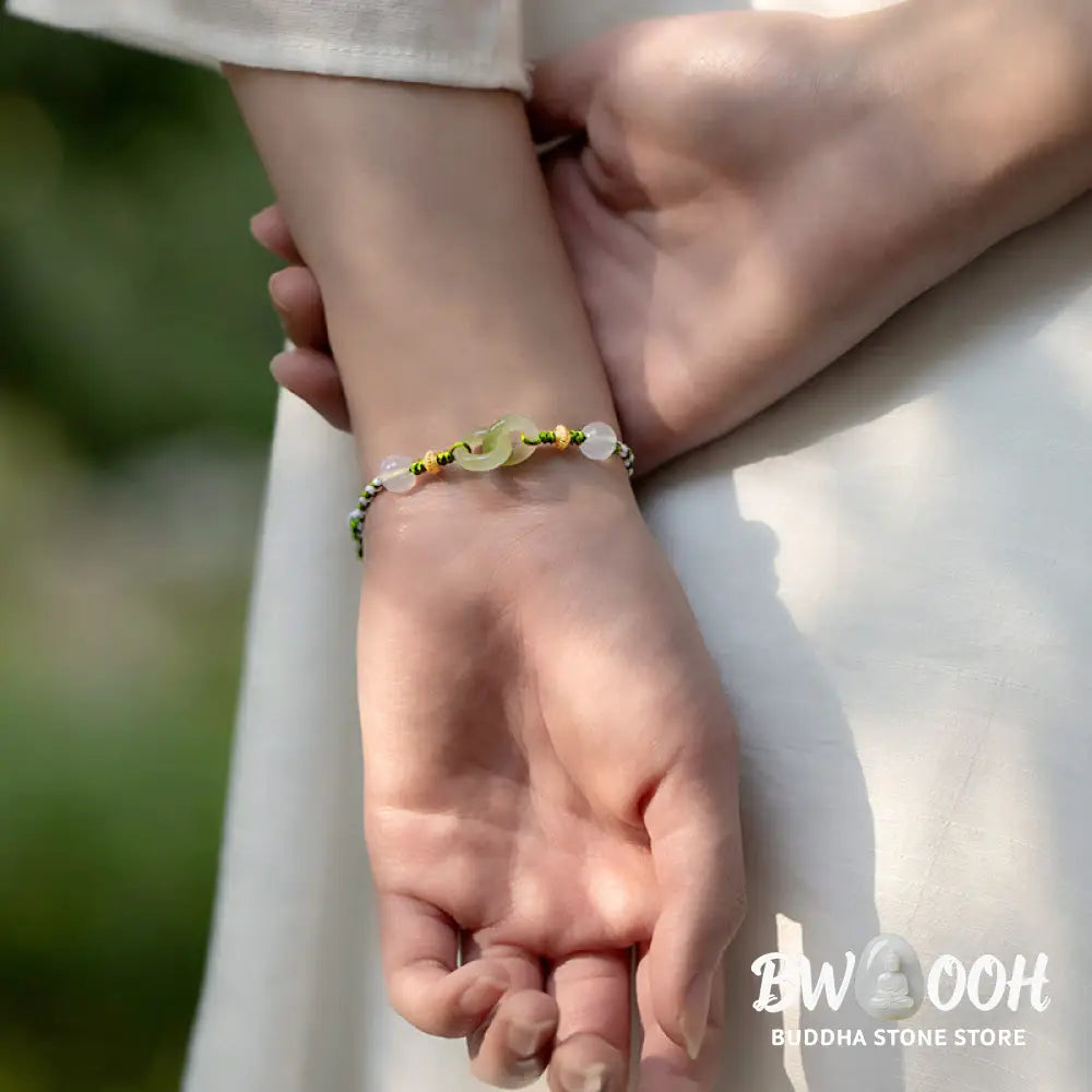 Buddha Stones Braided Rope Peace Buckle Love Calm Bracelet - Green &amp; White Rope(Wrist Circumference: 15-16cm) - Bracelet