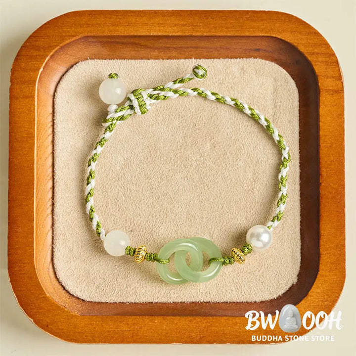 Buddha Stones Braided Rope Peace Buckle Love Calm Bracelet - Green &amp; White Rope(Wrist Circumference: 15-16cm) - Bracelet