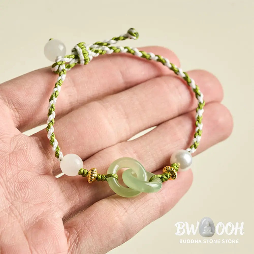 Buddha Stones Braided Rope Peace Buckle Love Calm Bracelet - Green &amp; White Rope(Wrist Circumference: 15-16cm) - Bracelet