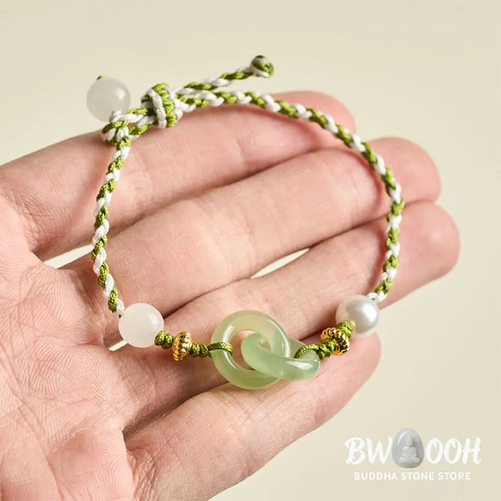 Buddha Stones Braided Rope Peace Buckle Love Calm Bracelet - Green &amp; White Rope(Wrist Circumference: 15-16cm) - Bracelet