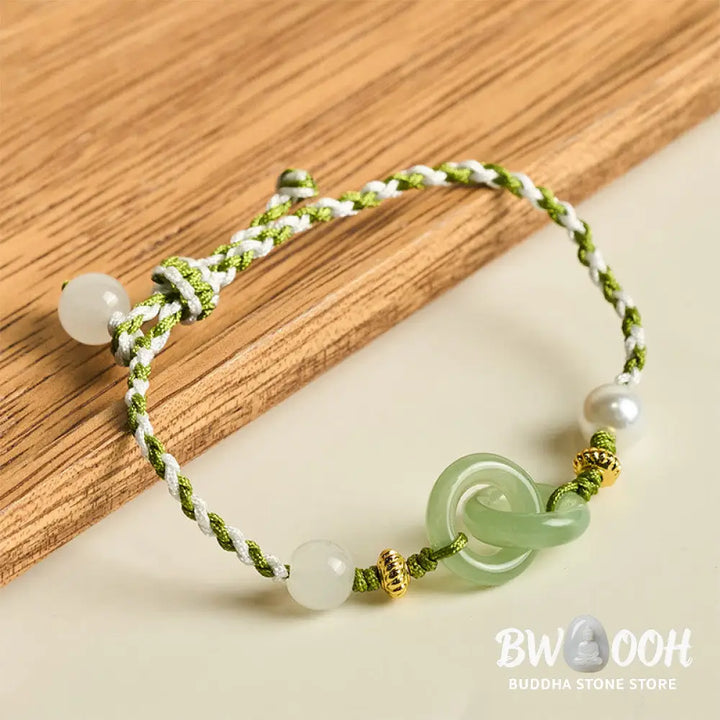Buddha Stones Braided Rope Peace Buckle Love Calm Bracelet - Green &amp; White Rope(Wrist Circumference: 15-16cm) - Bracelet