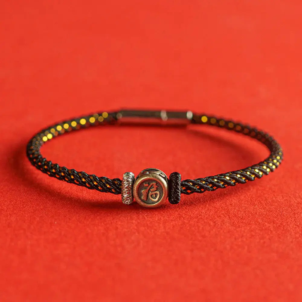 Buddha Stones Braided String 925 Sterling Silver Fu Character Faith Bracelet - BWOOOH - Black / 14cm - Bracelet