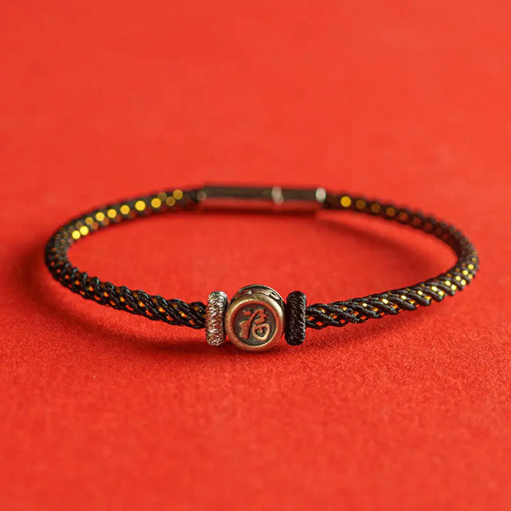 Buddha Stones Braided String 925 Sterling Silver Fu Character Faith Bracelet - BWOOOH - Black / 14cm - Bracelet