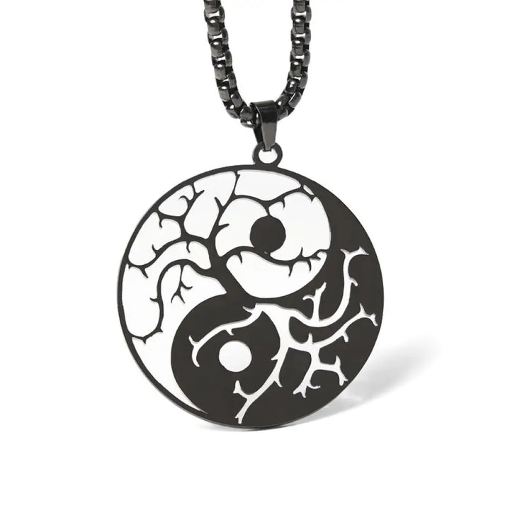 Buddha Stones Branches Hollow Yin Yang Design Stainless Steel Balance Necklace Pendant - BWOOOH - Black - Necklaces &amp;