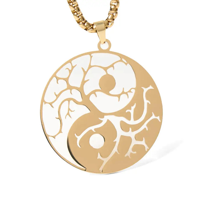 Buddha Stones Branches Hollow Yin Yang Design Stainless Steel Balance Necklace Pendant - BWOOOH - Gold - Necklaces &amp;