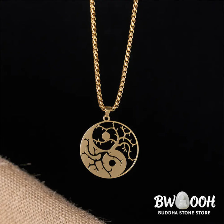 Buddha Stones Branches Hollow Yin Yang Design Stainless Steel Balance Necklace Pendant - BWOOOH - Necklaces &amp; Pendants