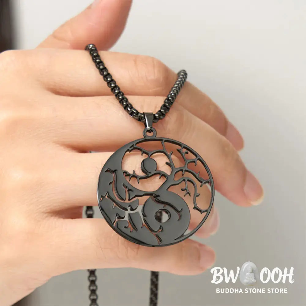 Buddha Stones Branches Hollow Yin Yang Design Stainless Steel Balance Necklace Pendant - BWOOOH - Necklaces &amp; Pendants