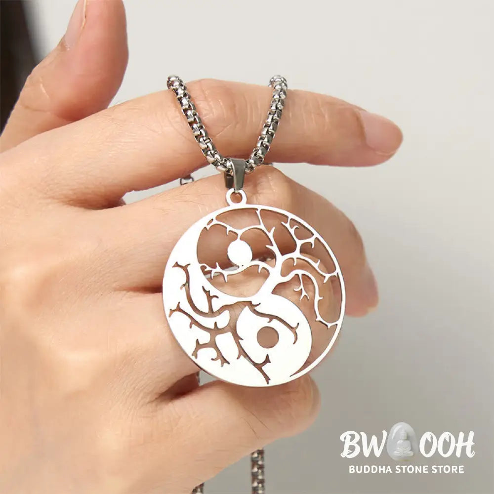 Buddha Stones Branches Hollow Yin Yang Design Stainless Steel Balance Necklace Pendant - BWOOOH - Necklaces &amp; Pendants