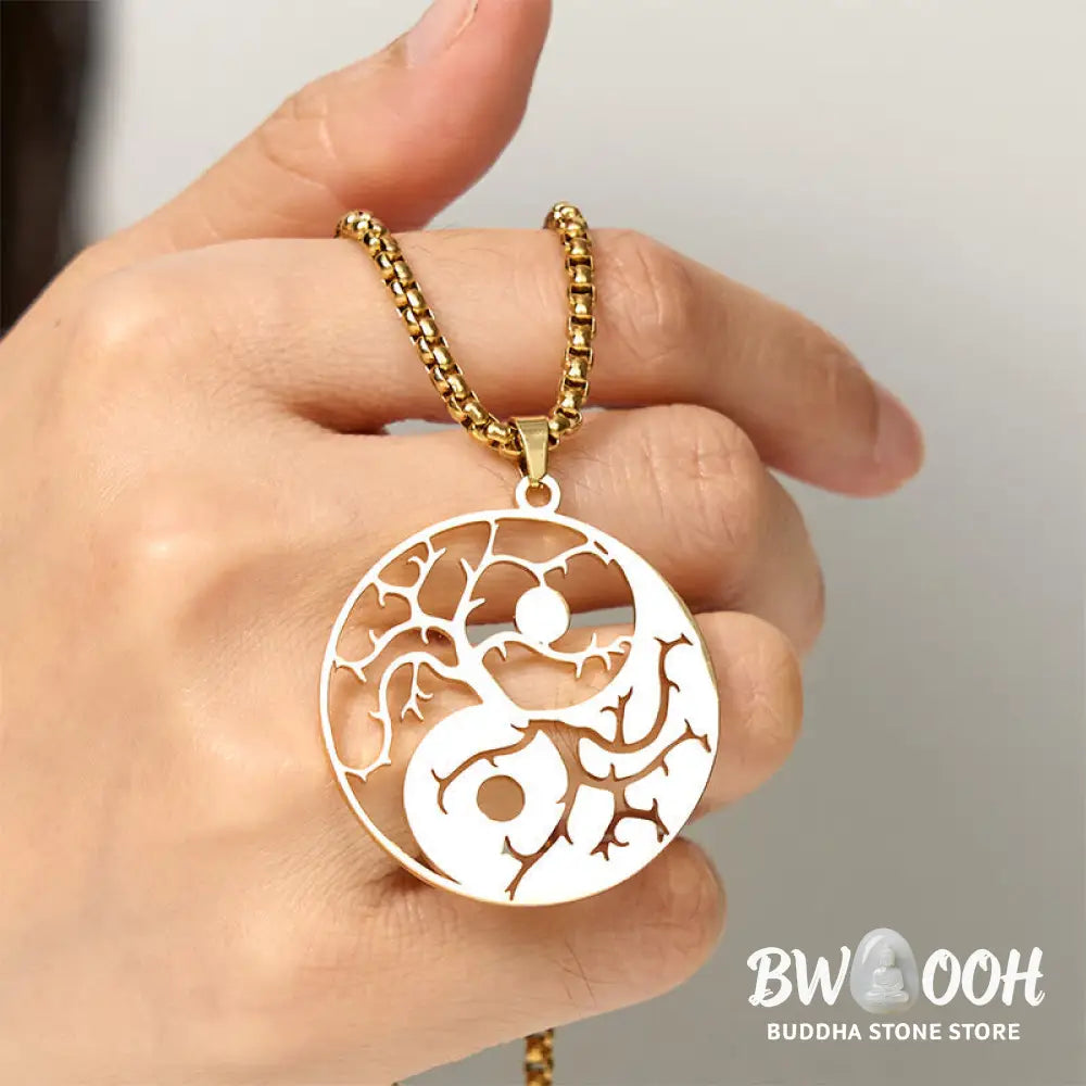 Buddha Stones Branches Hollow Yin Yang Design Stainless Steel Balance Necklace Pendant - BWOOOH - Necklaces &amp; Pendants