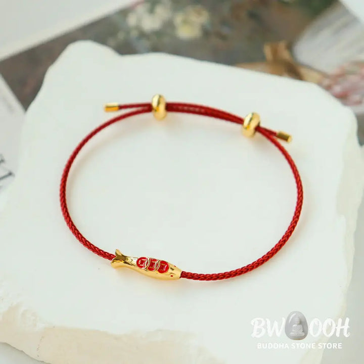 Buddha Stones Brass Koi Fish Red String Wealth Bracelet - Koi Fish(Wrist Circumference: 14-20cm) - Bracelet