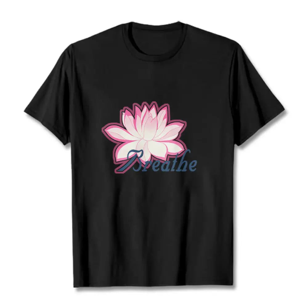 Buddha Stones BREATHE Lotus Flower Tee T-shirt - Black / S - T-Shirts