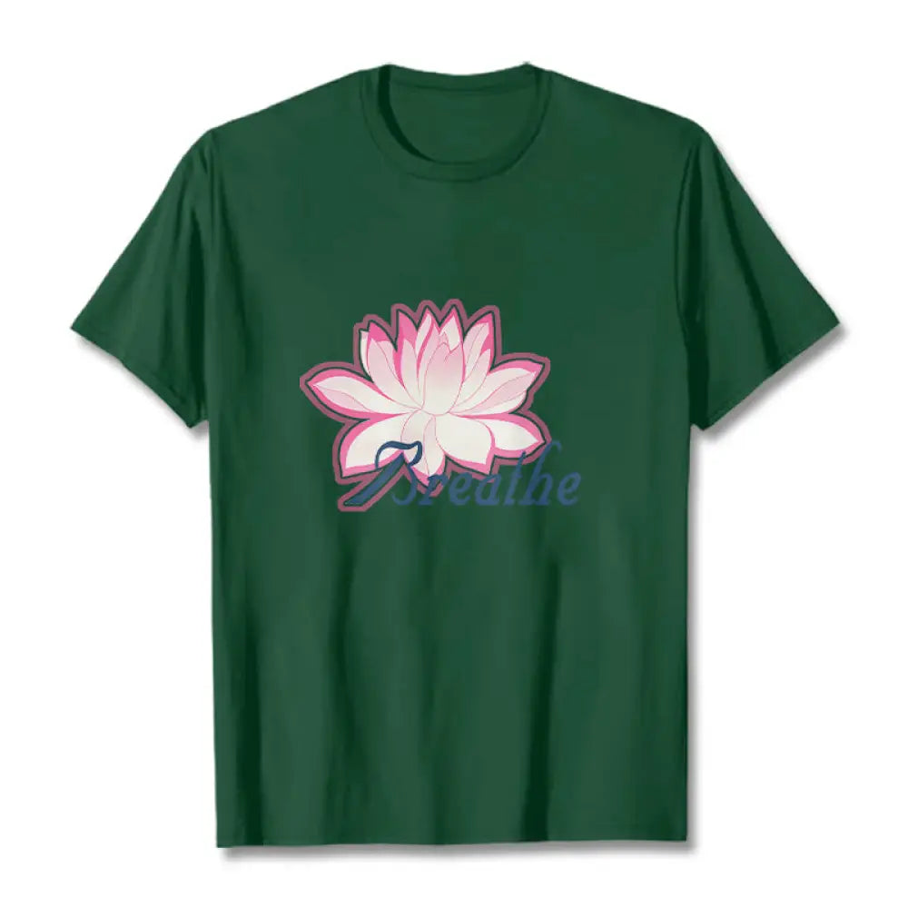 Buddha Stones BREATHE Lotus Flower Tee T-shirt - ForestGreen / S - T-Shirts