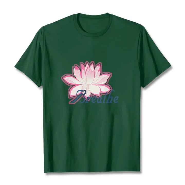 Buddha Stones BREATHE Lotus Flower Tee T-shirt - ForestGreen / S - T-Shirts