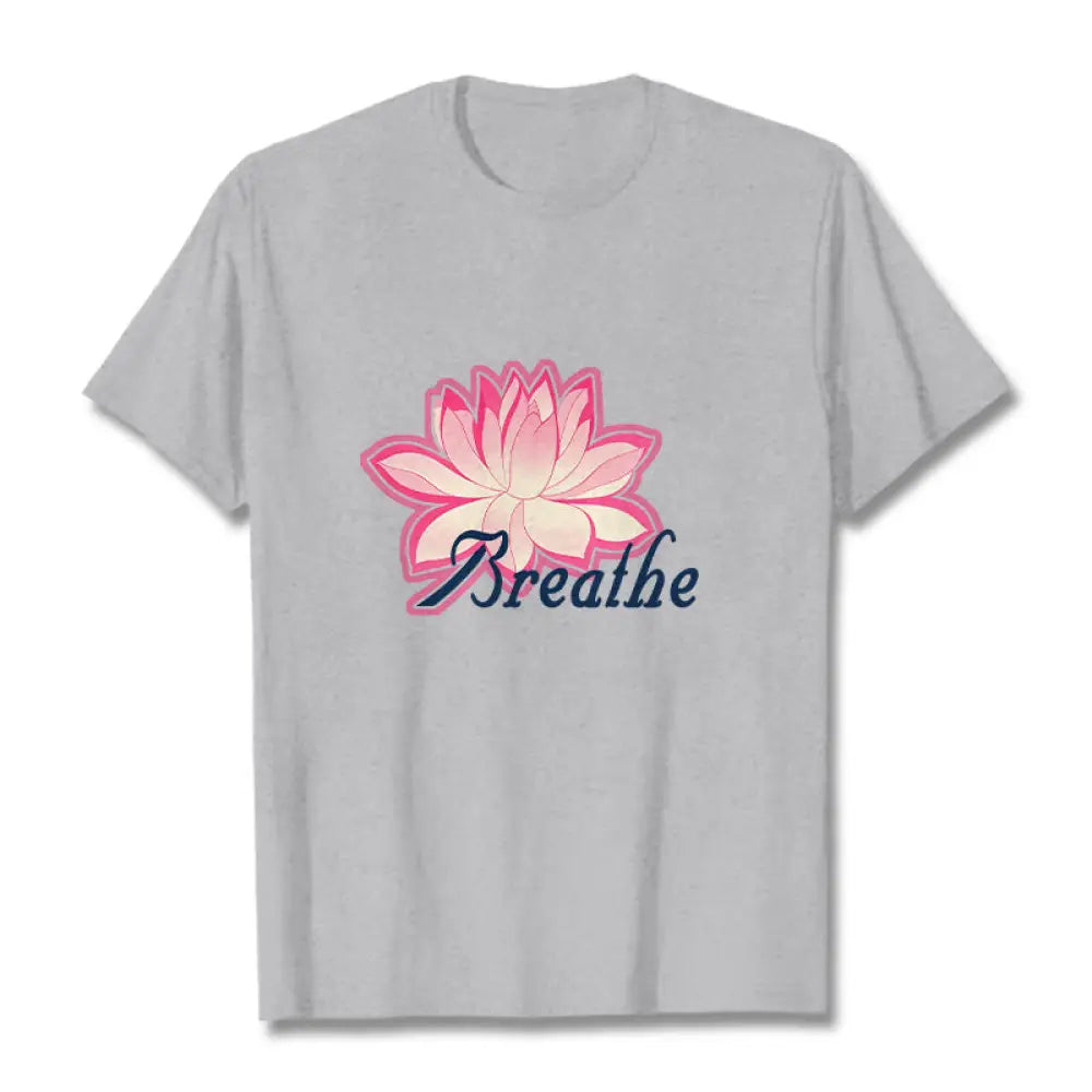 Buddha Stones BREATHE Lotus Flower Tee T-shirt - LightGrey / S - T-Shirts