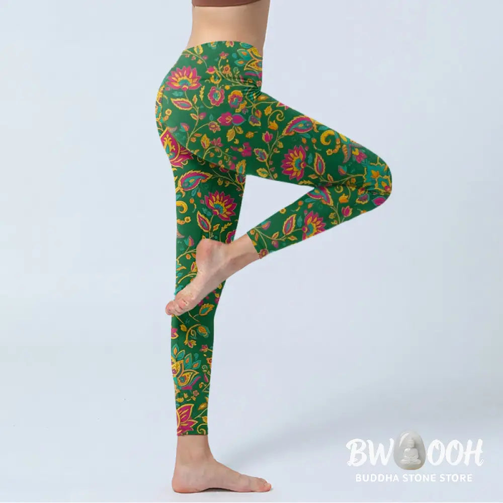 Buddha Stones Brightly Colored Flower Leaf Pattern Gym Leggings Women&