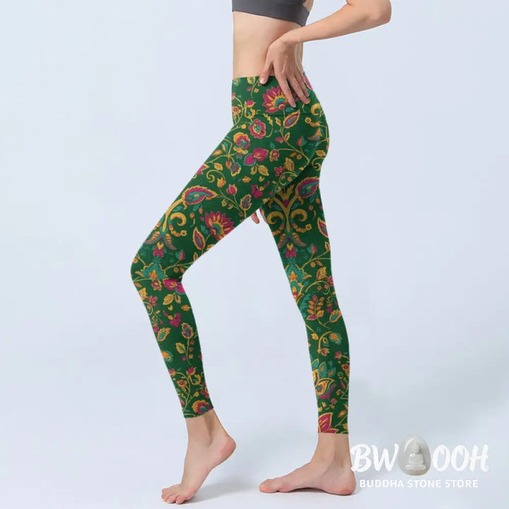 Buddha Stones Brightly Colored Flower Leaf Pattern Gym Leggings Women&