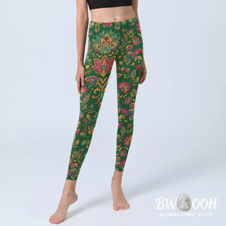 Buddha Stones Brightly Colored Flower Leaf Pattern Gym Leggings Women&