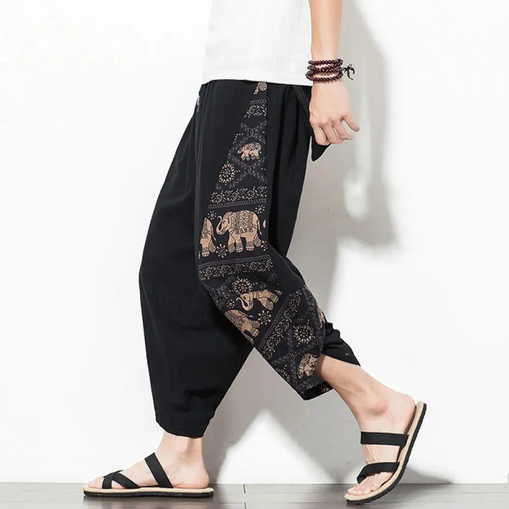 BWOOOH printed harem pants - Brown Elephant Print Cotton Men's Croppe