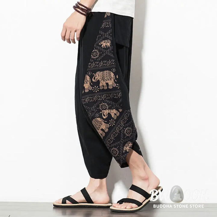 Buddha Stones Brown Elephant Print Cotton Men’s Cropped Harem Pants With Pockets - Men’s Tapered Pants