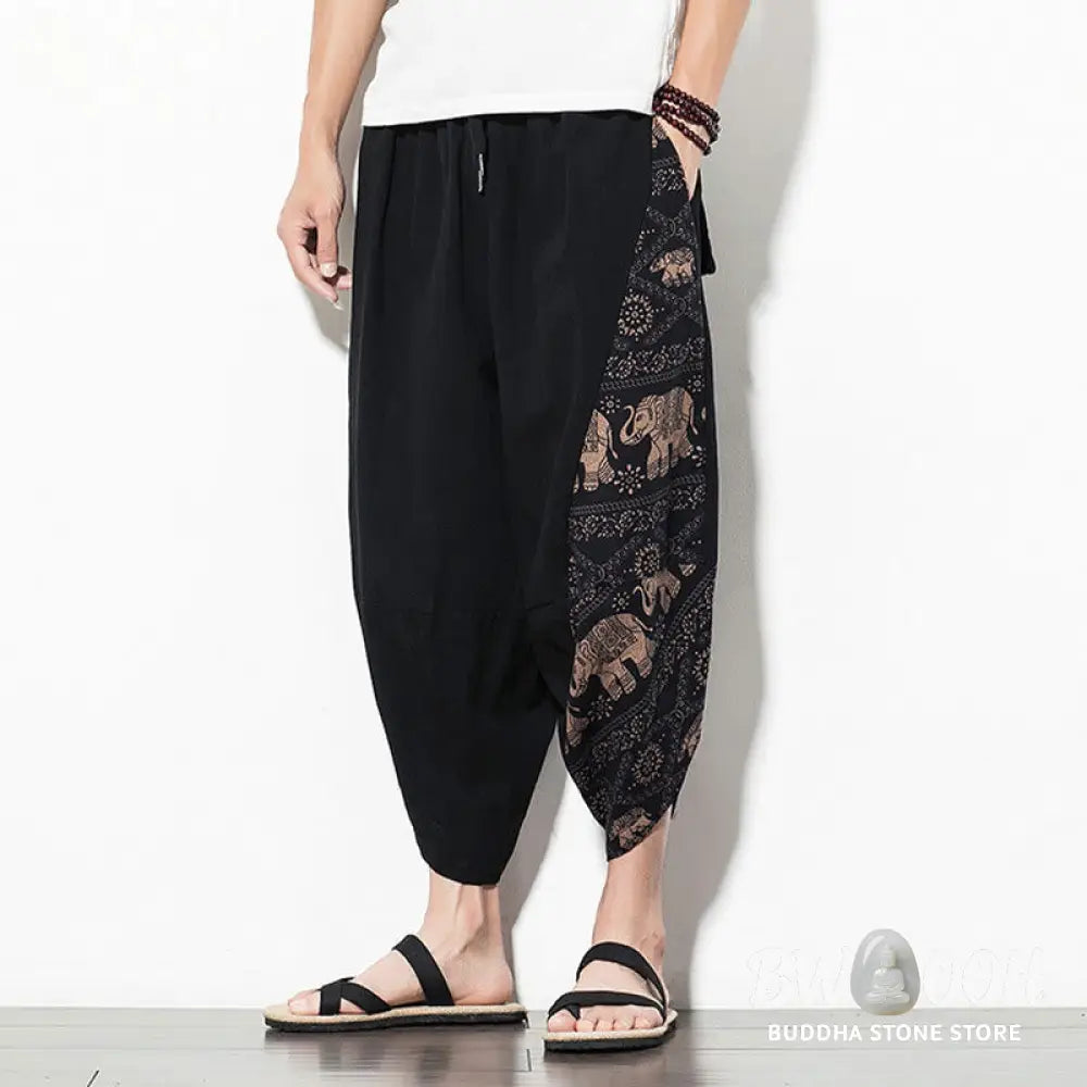 Buddha Stones Brown Elephant Print Cotton Men’s Cropped Harem Pants With Pockets - Men’s Tapered Pants