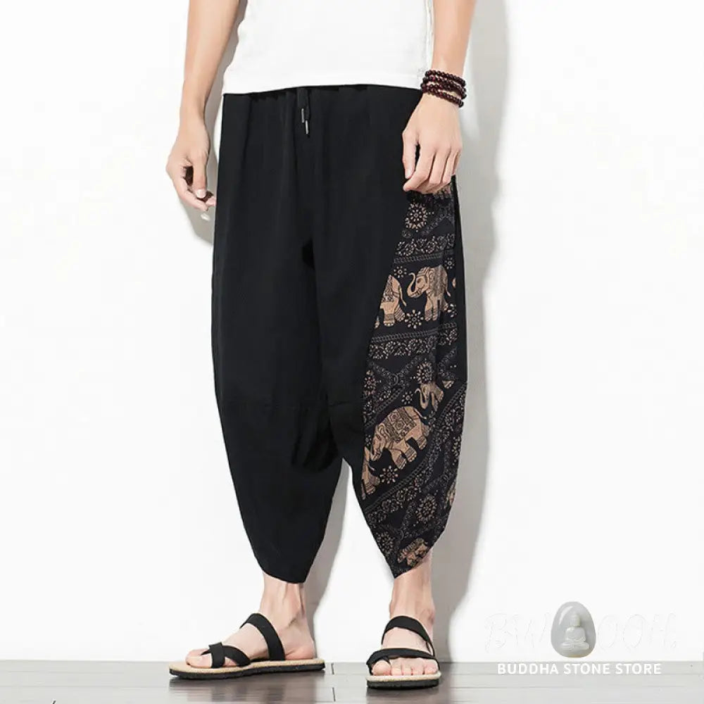 Buddha Stones Brown Elephant Print Cotton Men’s Cropped Harem Pants With Pockets - Men’s Tapered Pants