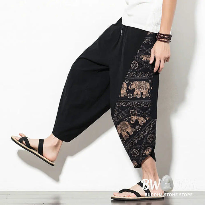 Buddha Stones Brown Elephant Print Cotton Men’s Cropped Harem Pants With Pockets - Men’s Tapered Pants