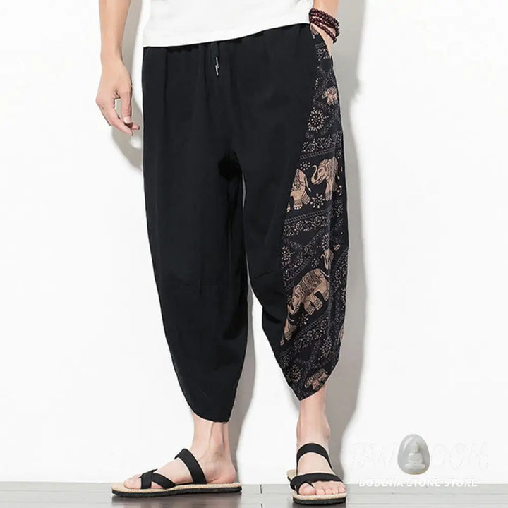 Buddha Stones Brown Elephant Print Cotton Men’s Cropped Harem Pants With Pockets - Men’s Tapered Pants