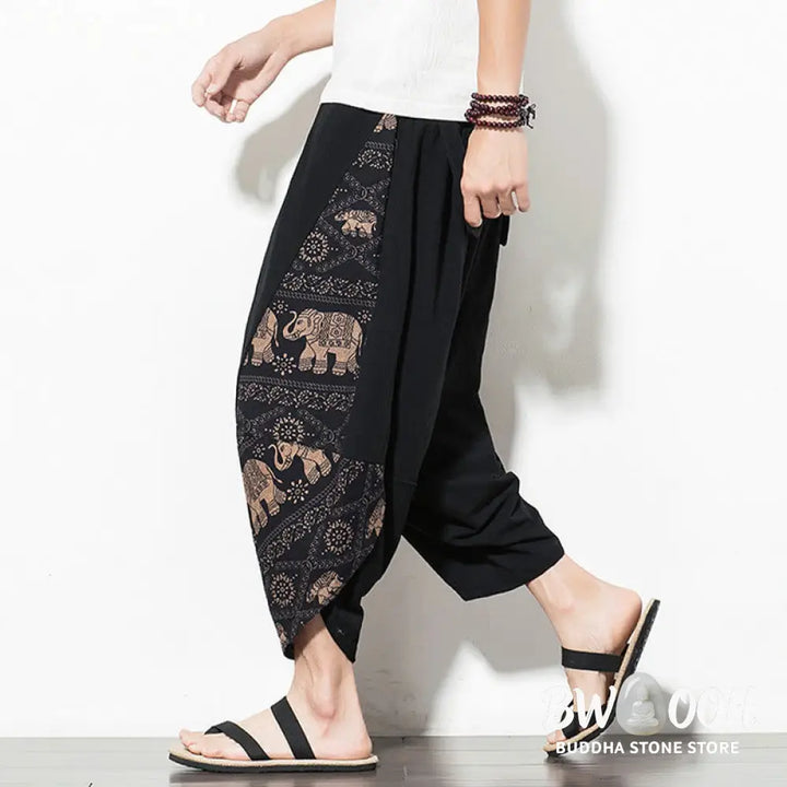 Buddha Stones Brown Elephant Print Cotton Men’s Cropped Harem Pants With Pockets - Men’s Tapered Pants