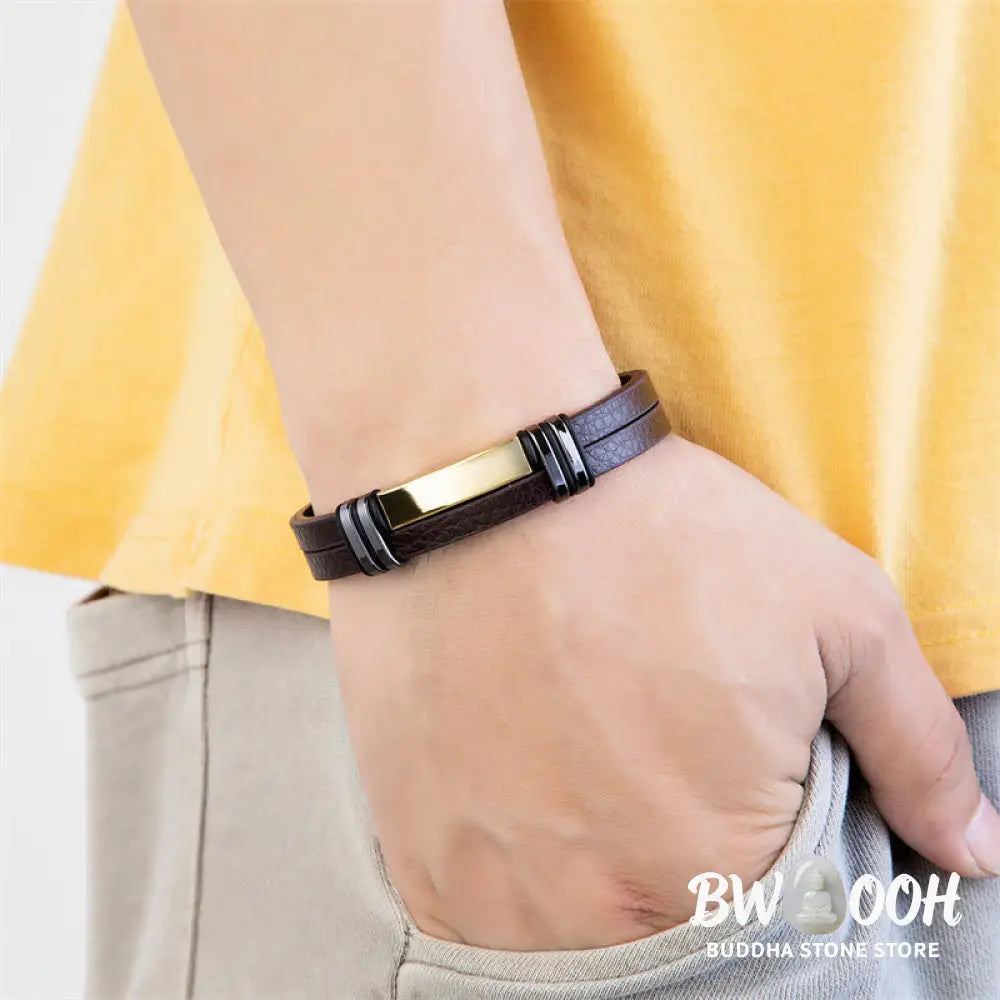 Buddha Stones Brown Leather Titanium Steel Buckle Balance Bracelet - Bracelet