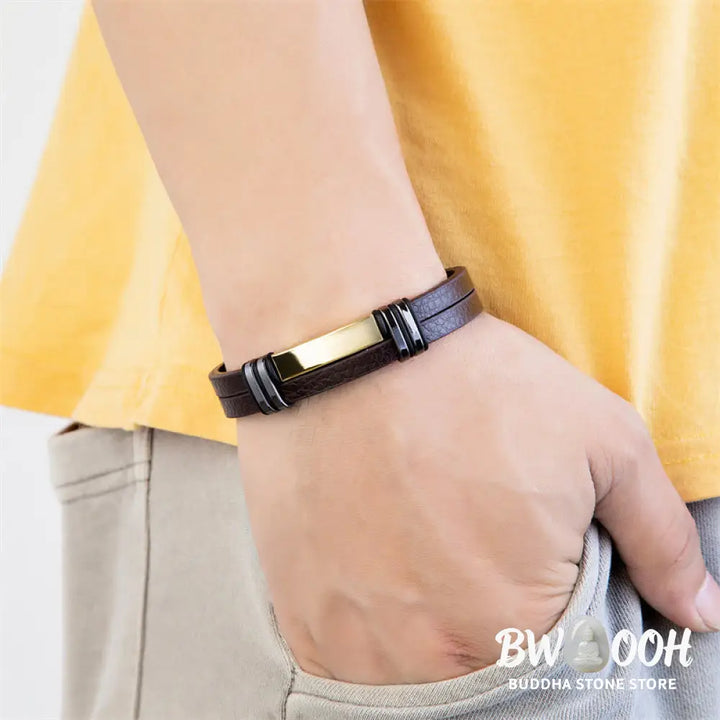 Buddha Stones Brown Leather Titanium Steel Buckle Balance Bracelet - Bracelet