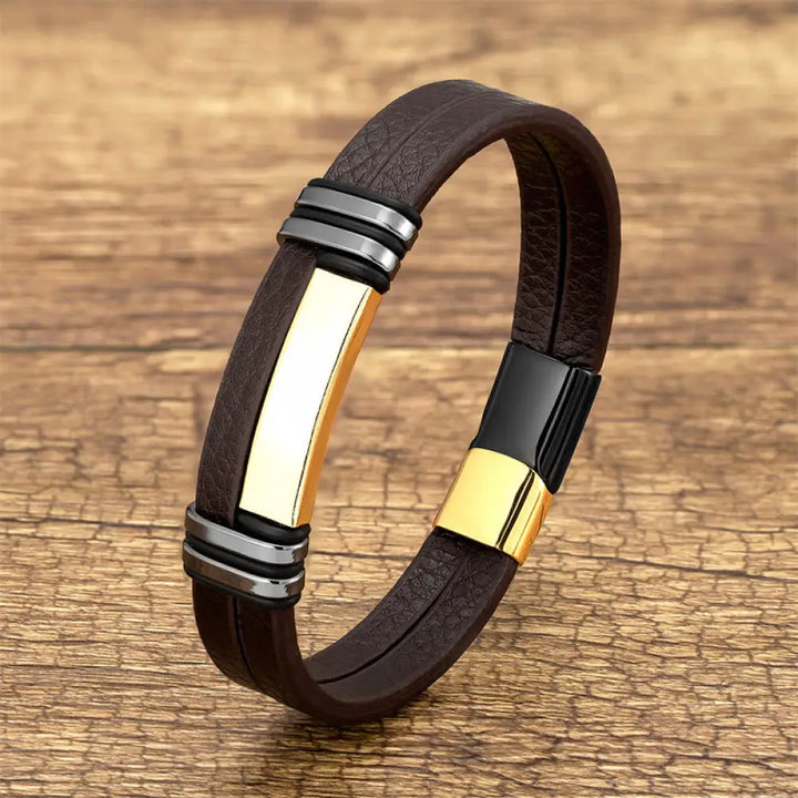 Buddha Stones Brown Leather Titanium Steel Buckle Balance Bracelet - Black Gold / 16-18cm - Bracelet