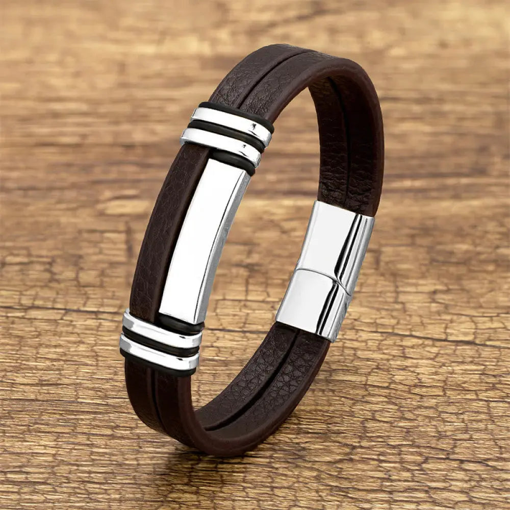 Buddha Stones Brown Leather Titanium Steel Buckle Balance Bracelet - Silver / 16-18cm - Bracelet